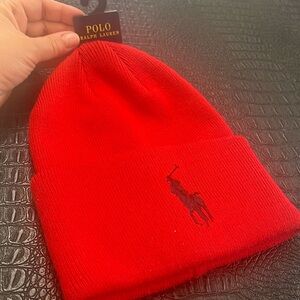 Polo Ralph Lauren Red Hat Men Beanie Large Polo Logo in black one size